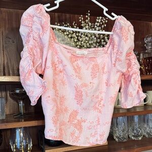 Cynthia Rowley Pink Puff-Sleeve Printed Linen Top